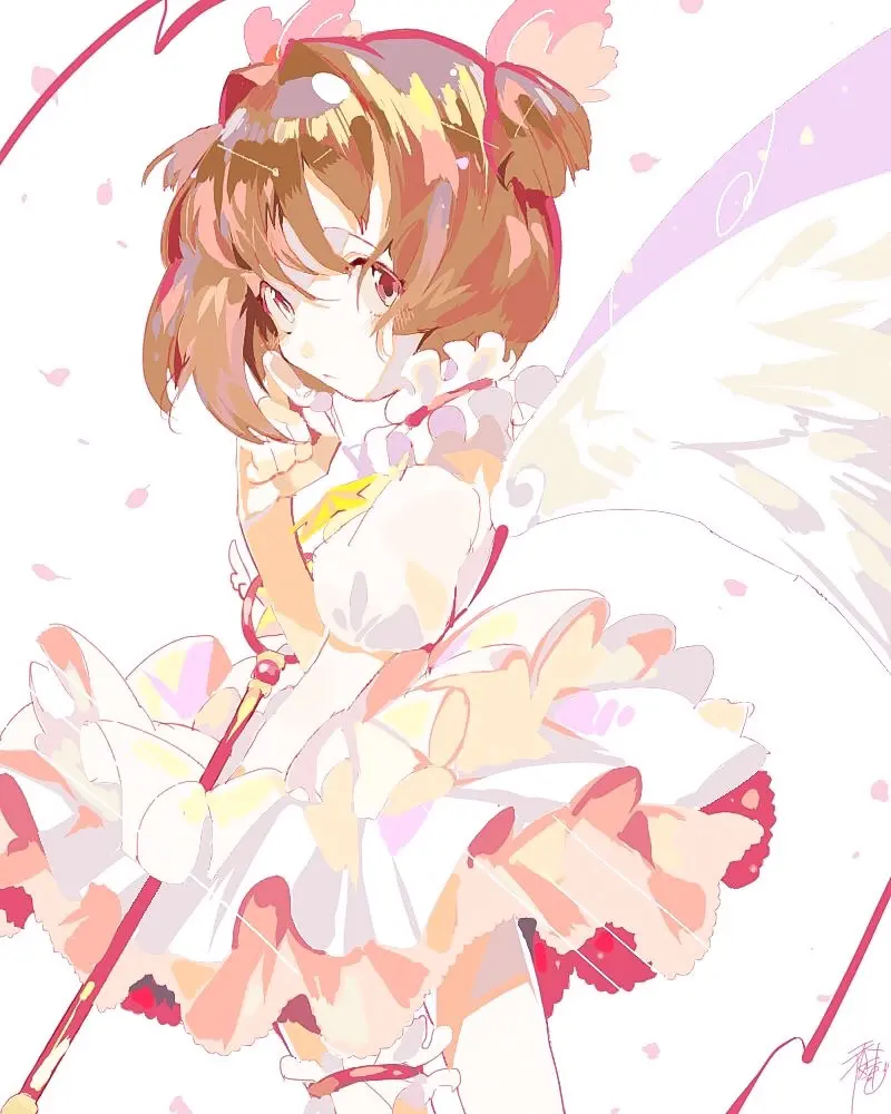 カードキャプターさくら、木之本桜が星空の下で魔法を唱えている画像
